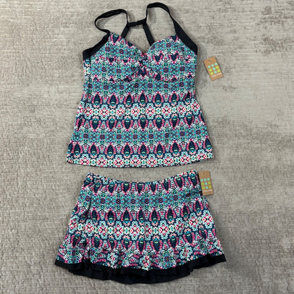 Title Nine Tankini Swimsuit‎ 34C Small Geometric Print Blue Pink 609233 609235
